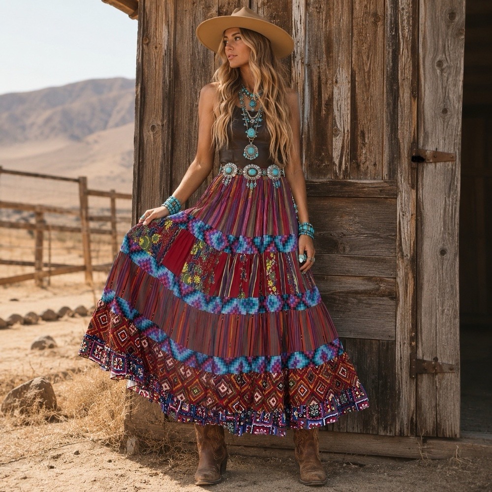 Anna Konya Vintage Tiered Broomstick Maxi Skirt Womens OS Southwestern Boho